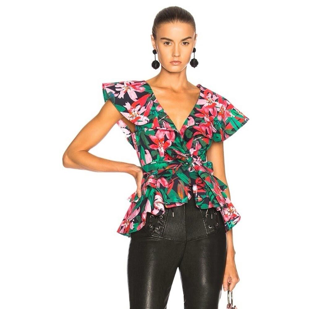 Marissa Webb Short Sleeve Top Tropical Floral Deep V Neck Ruffle Hem Tie Waist L